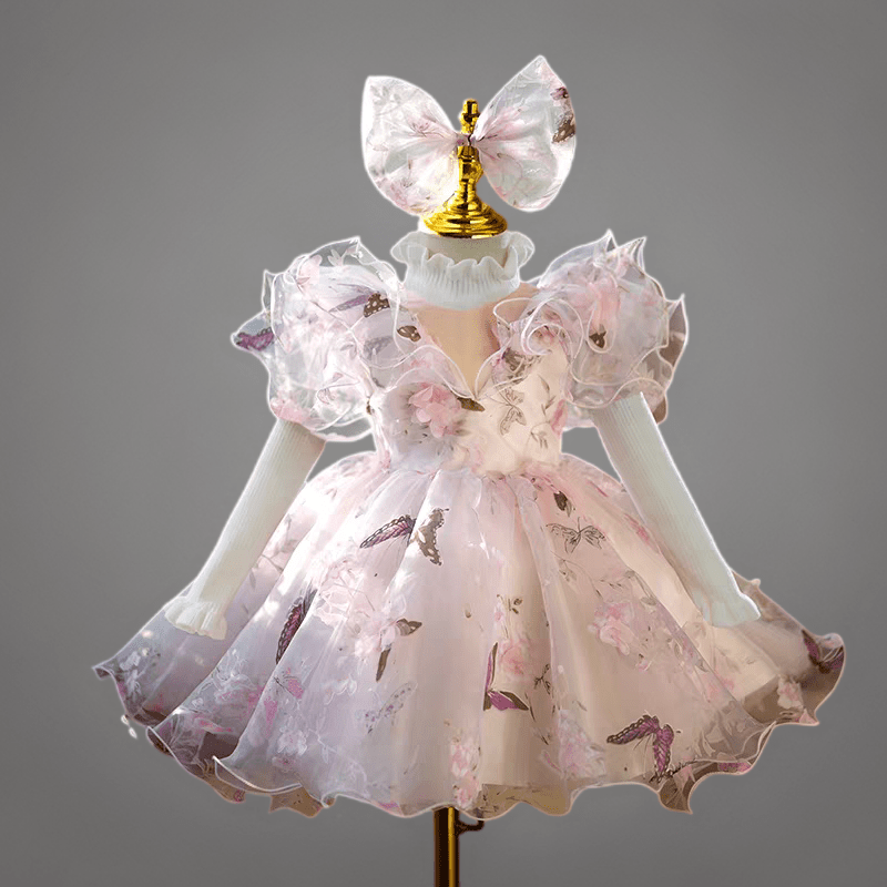 Butterfly Print Pink Flower Girl Dress for Wedding – Long Sleeve Tulle Plus Size 5Y