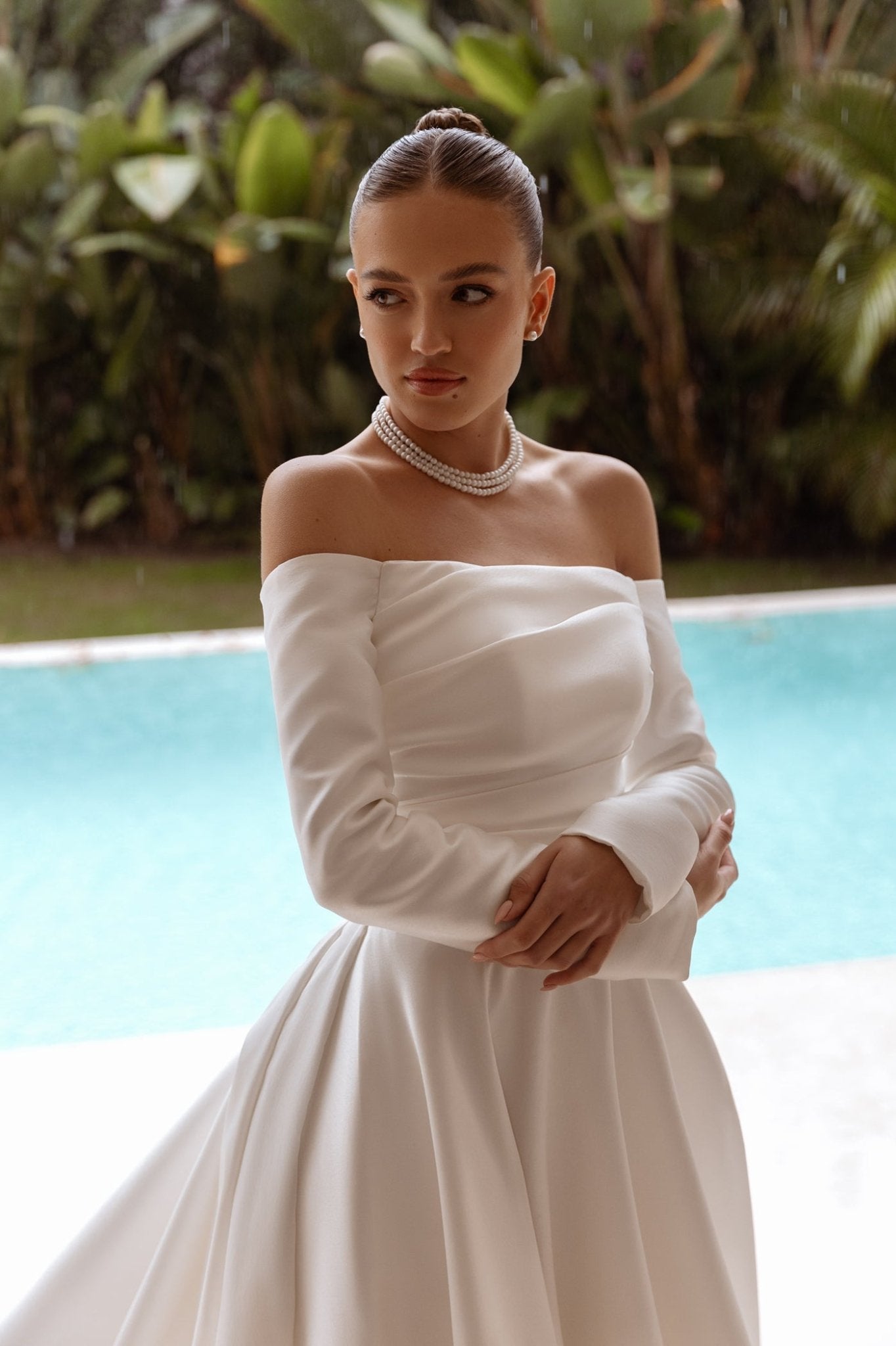 White Off-Shoulder Satin Wedding Dress with Long Sleeves and Floor-Length Train - Plus Size-Carter Size 14