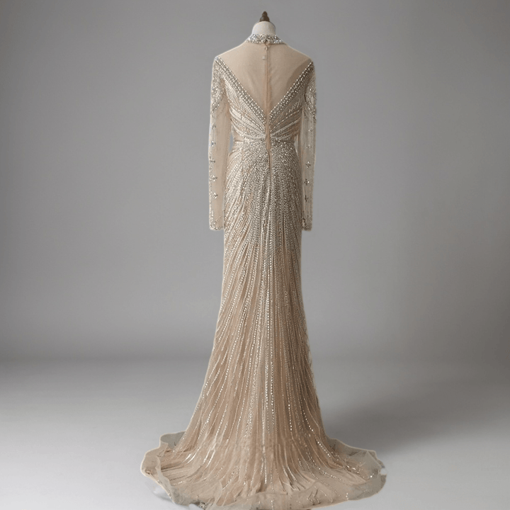 Champagne Beaded Long Sleeve Bridal Gown - Elegant Tulle Wedding Dress Plus Size - WonderlandByLilian