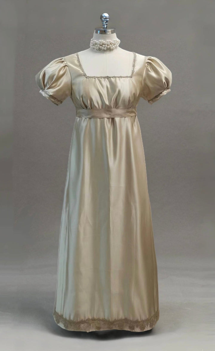 Champagne Bridgerton Inspired Regency Dress Women - Gold Bridgerton Dress and Satin Dress with Bow Tie Belt Plus Size - WonderlandByLilian