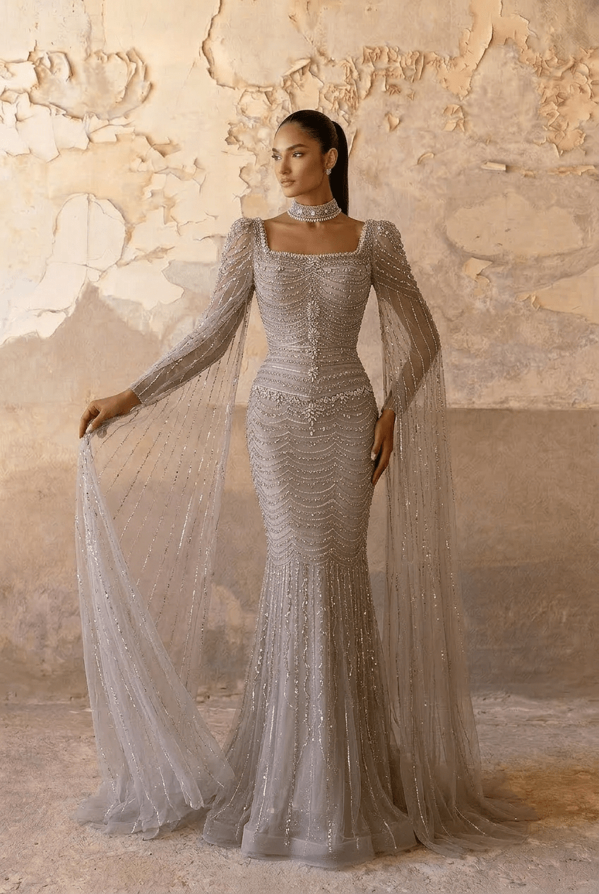 Champagne Embellished Gown with Long Cape Sleeves – Sparkly Maxi Dress with Square Neckline Plus Size Size 14 / Champagne / with Choker