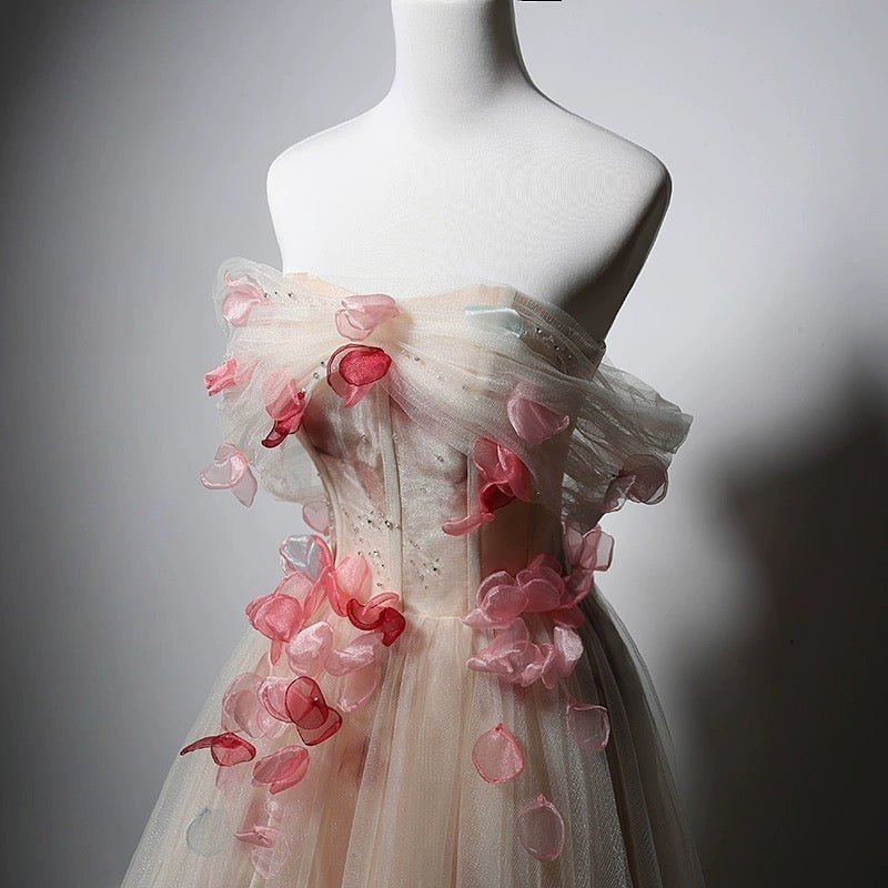 Champagne Glitter Tulle Party Dress with Floral Embellishments - Elegant Corset Back Evening Gown Plus Size - WonderlandByLilian