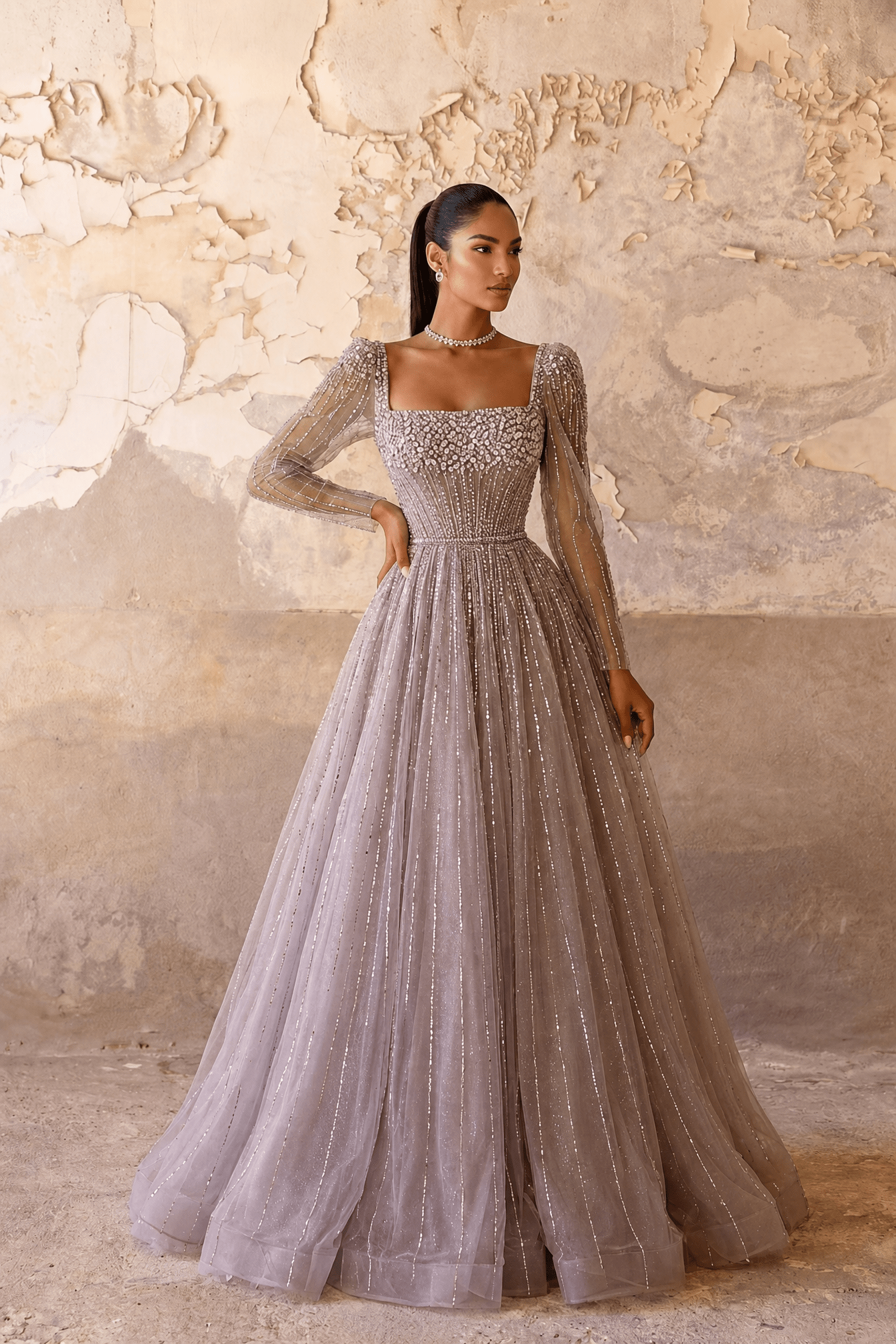 Champagne Long Sleeve Sequin Evening Gown – Sparkly Maxi Dress With Embellished Bodice Plus Size Size 26W / Champagne / With Choker
