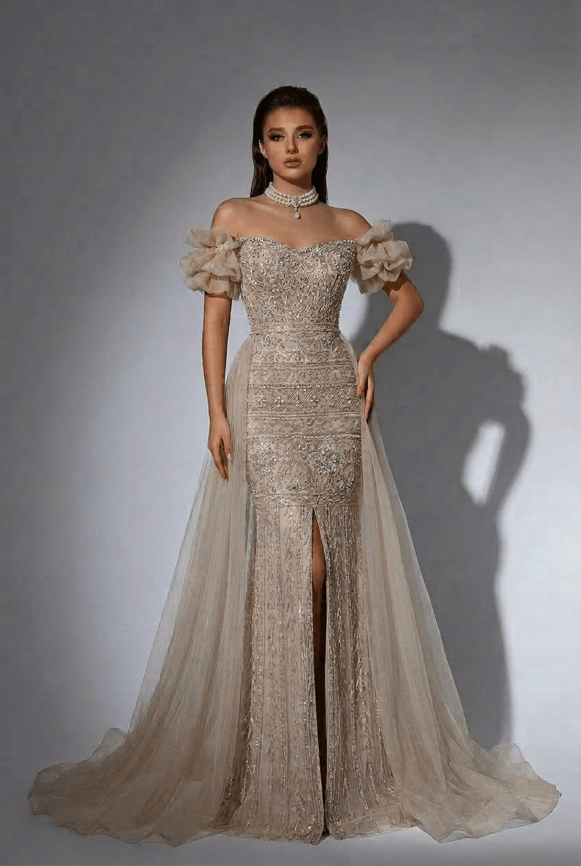 Champagne Off-Shoulder Embellished Gown with Slit – Sparkly Maxi Dress with Tulle Overskirt Plus Size Size 4 / Champagne / with Choker