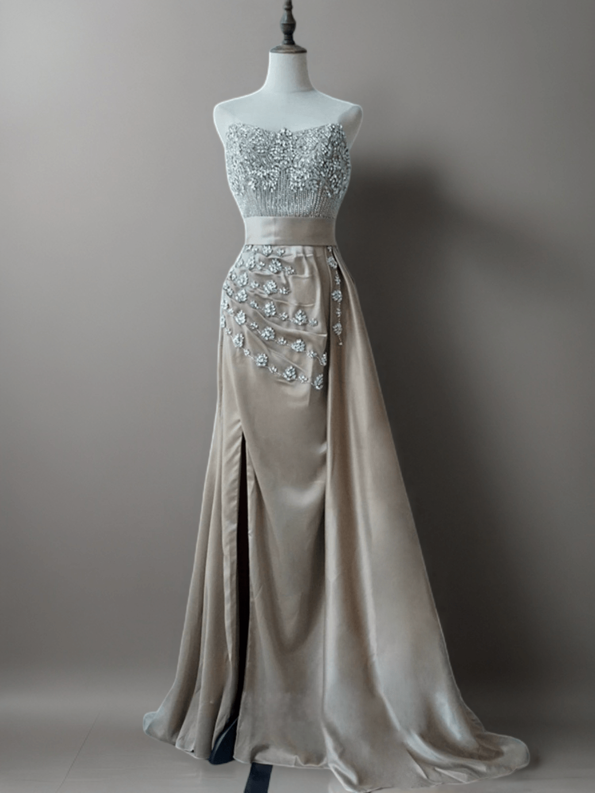 Champagne Pretty Sequin Dress Embellished Bodice and High Slit