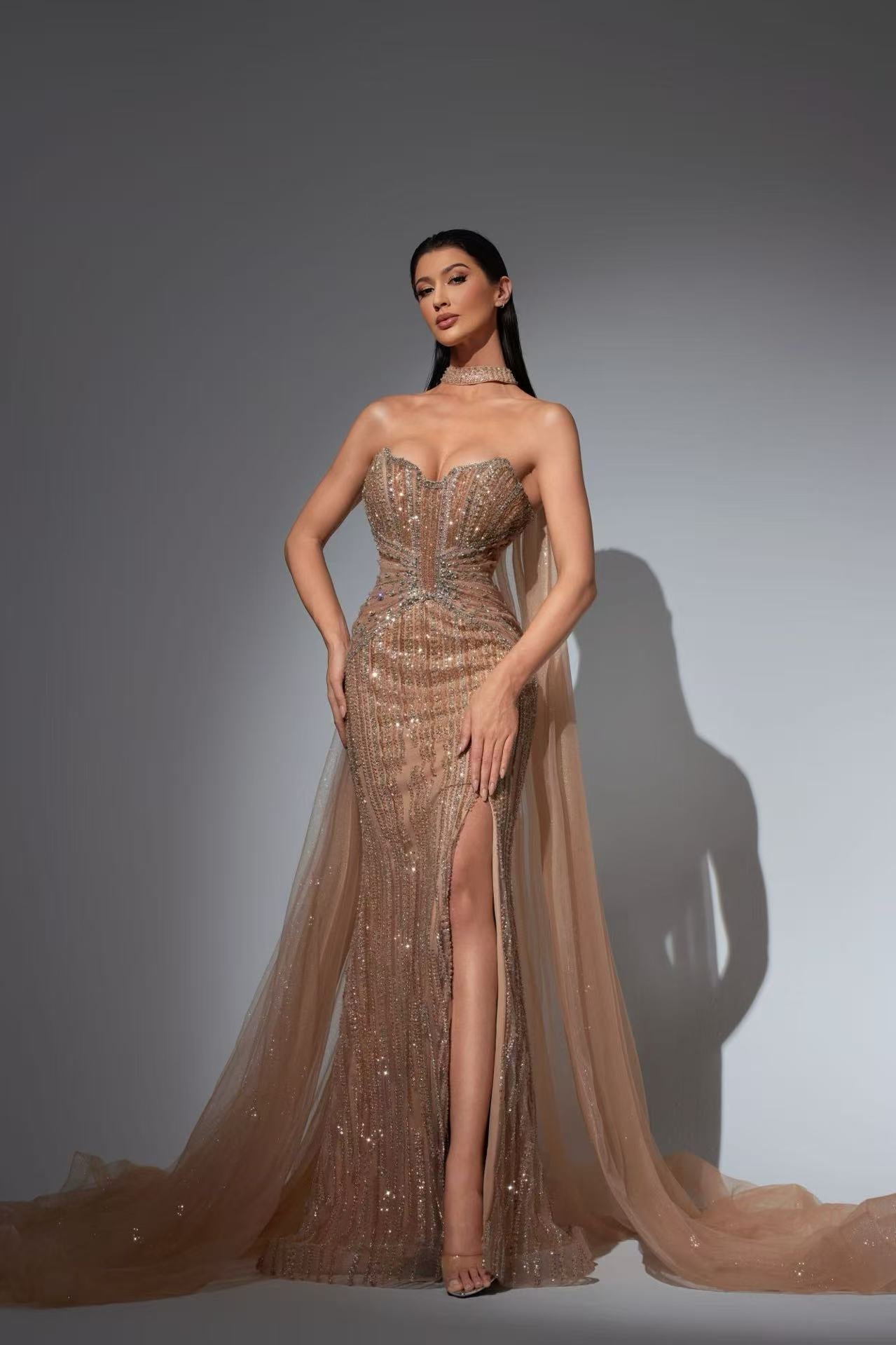 Champagne Sequin Prom Dress with Detachable Tulle Cape – Glitter Maxi – WonderlandByLilian