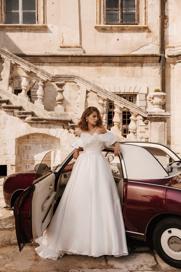 Charming Off-Shoulder Satin A-Line Wedding Dress with Ruffled Detail Plus Size - BIANCA - WonderlandByLilian