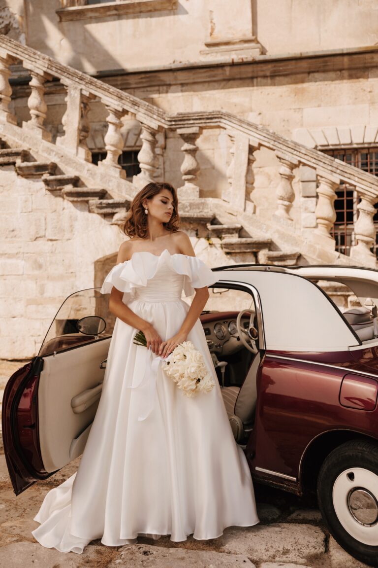 Charming Off-Shoulder Satin A-Line Wedding Dress with Ruffled Detail P WonderlandByLilian Charming Off-Shoulder Satin A-Line Wedding Dress with Ruffled Detail P WonderlandByLilian