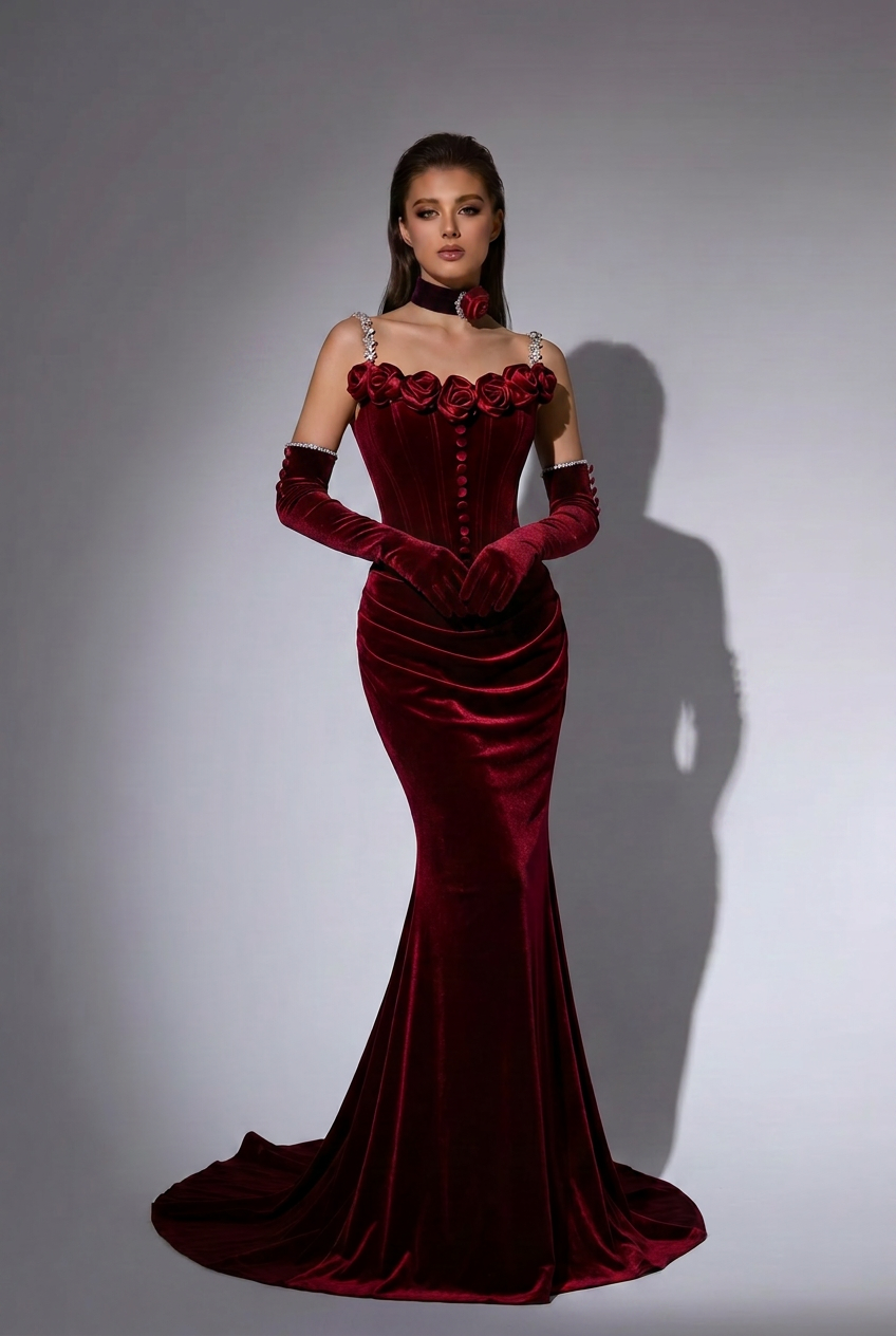 Burgundy Gothic Evening Dress with Floral Appliqué