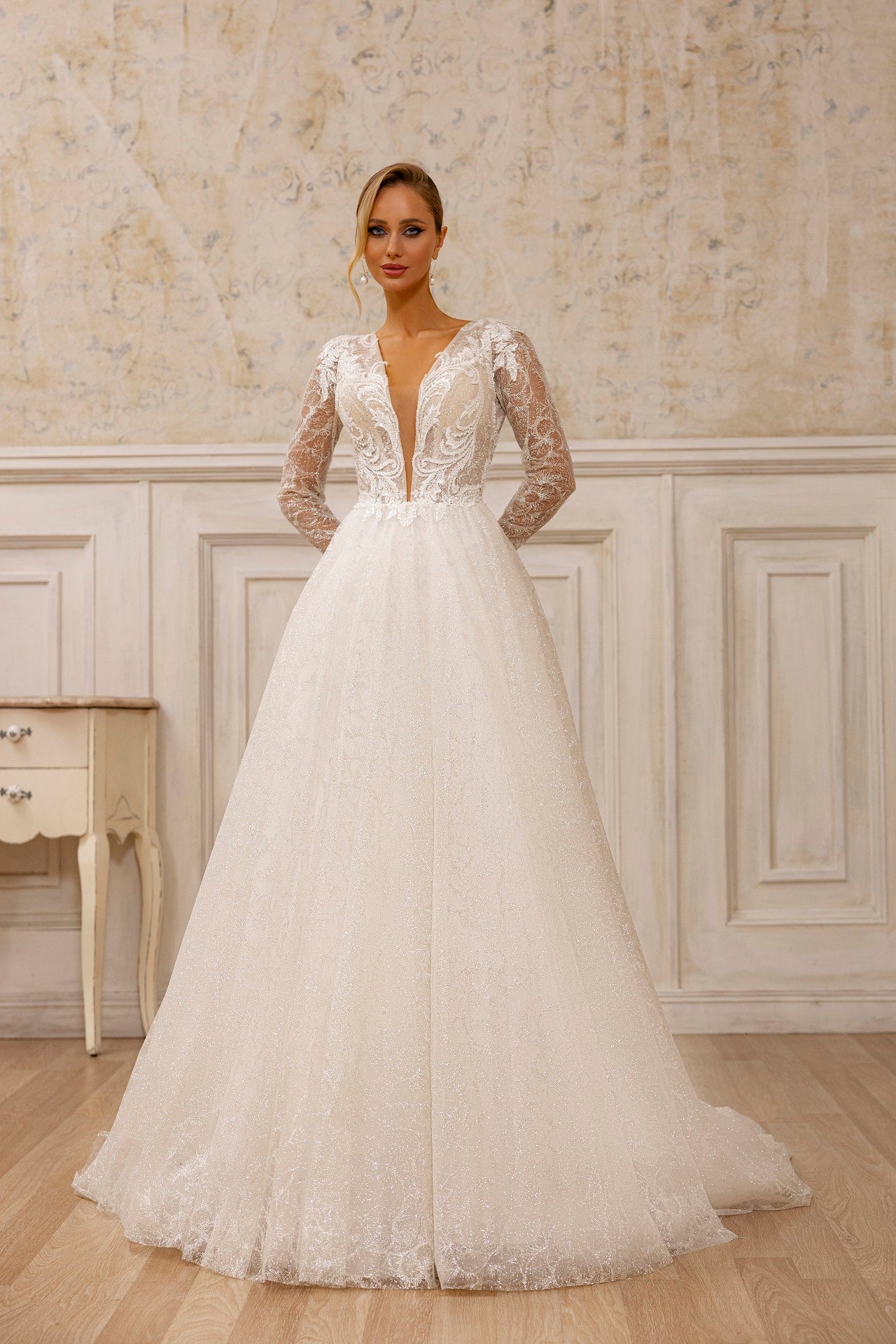 Classic Lace Long-Sleeve Wedding Dress | Deep V-Neck Bridal Gown with Sparkling Train Plus Size Size 12 Classic Lace Long-Sleeve Wedding Dress | Deep V-Neck Bridal Gown with Sparkling Train Plus Size Size 12