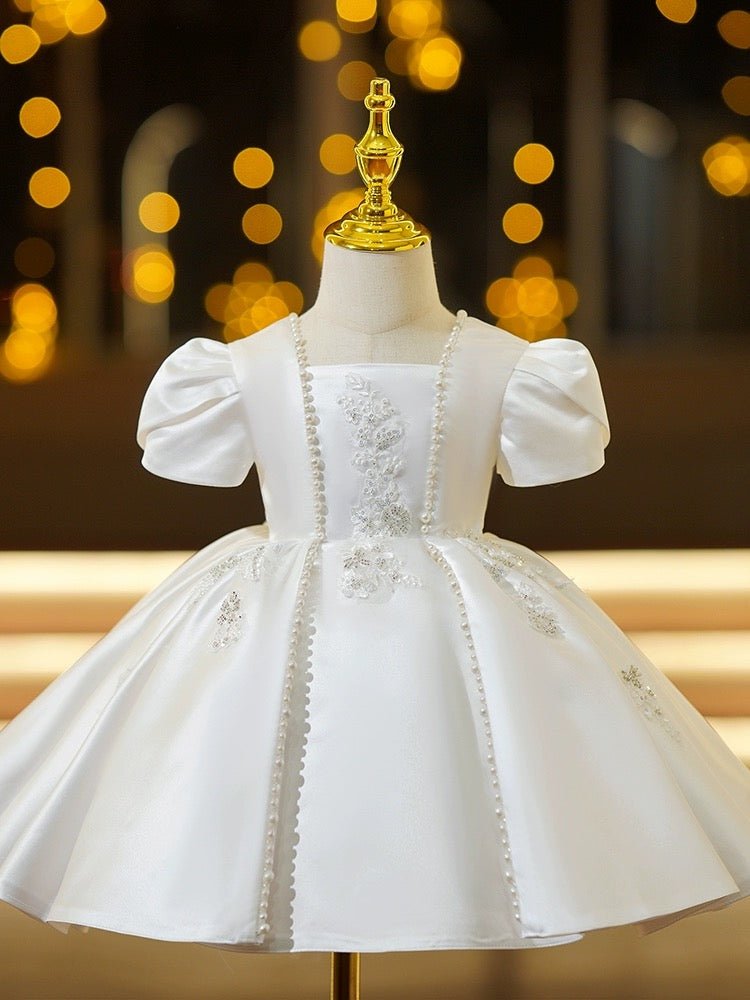 white satin flower girl dress Off white flower girl dress, Satin girl dress with train, Junior bridesmaid dress puffy sleeves, Girl baby girl dress with flowers on shoulders