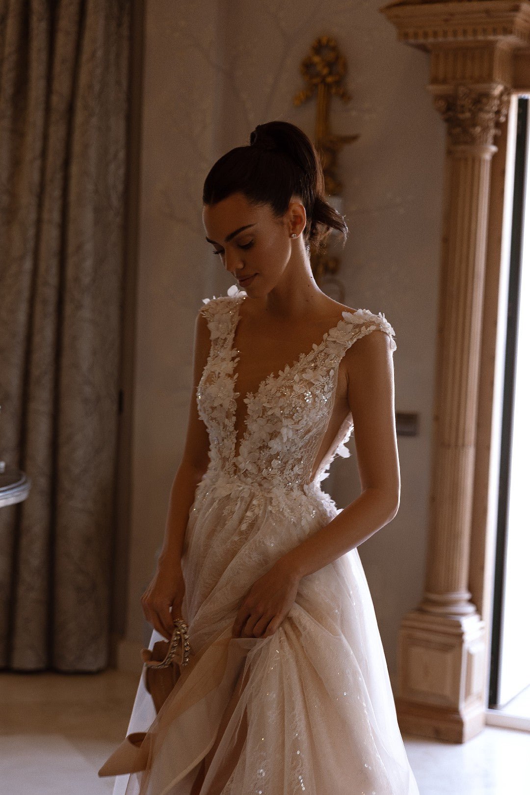 White Plunge Neck Open-Back Wedding Dress with Floral Lace and Sheer Details - Plus Size-Claudia Size 24W White Plunge Neck Open-Back Wedding Dress with Floral Lace and Sheer Details - Plus Size-Claudia Size 24W