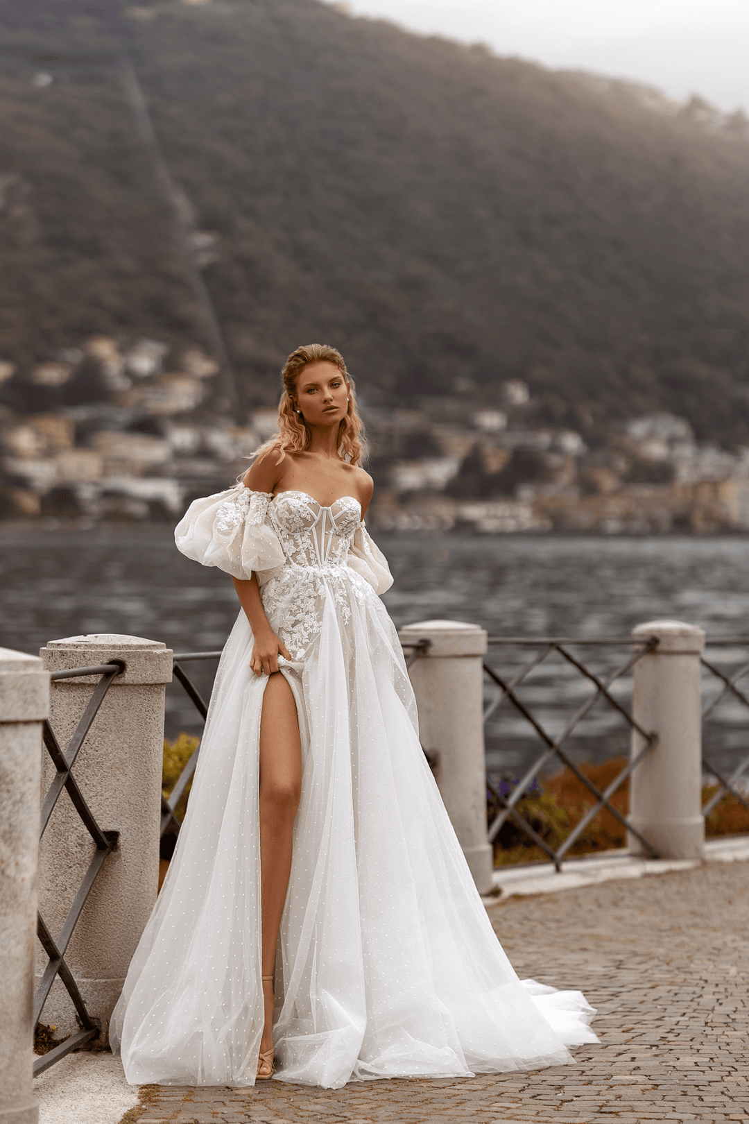 Convertible Wedding Dress - Floral Lace wedding Dress - Off Shoulder Wedding Dress with HIgh Slit Plus Size - WonderlandByLilian