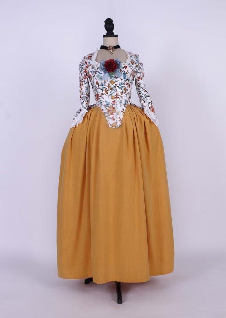 Cream and Yellow Baroque Print Victorian Ball Gown - Floral Sleeve Rococo Dress Plus Size - WonderlandByLilian