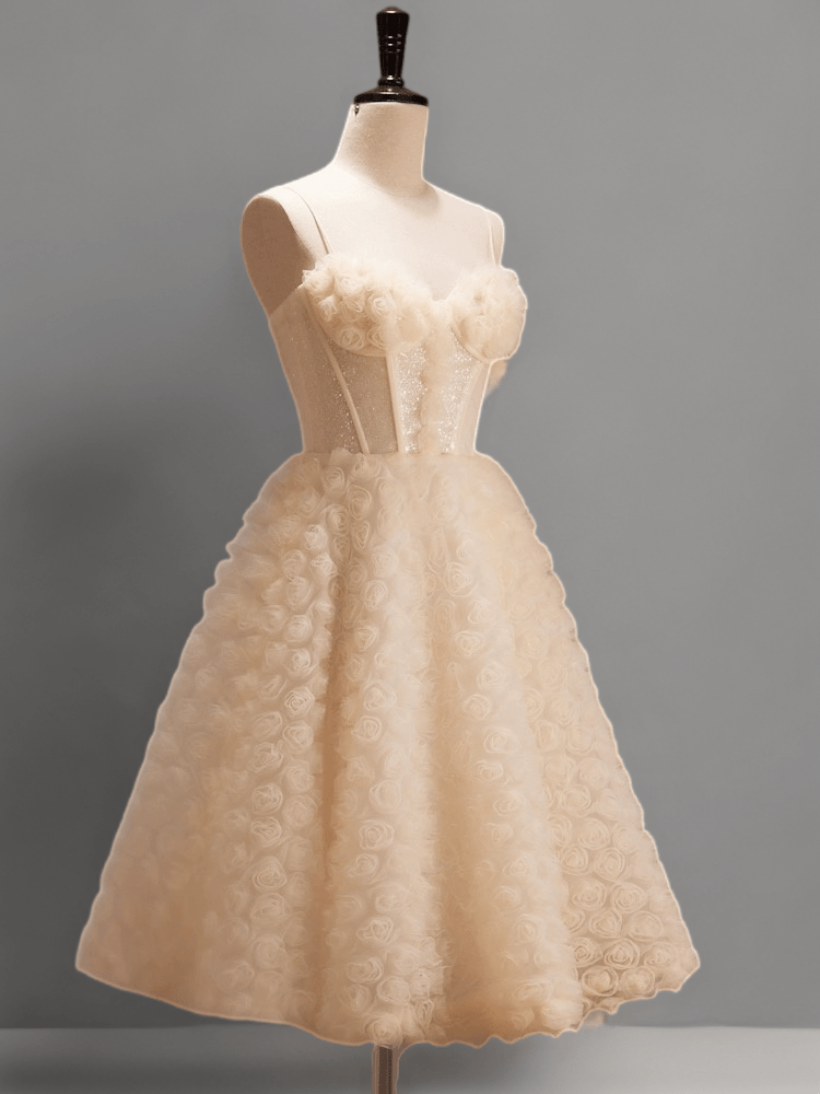 Cream Floral Short Wedding Party Dress - Rosette Embellished Tulle Dress - Spaghetti Strap Corset Bridal Gown Plus Size - WonderlandByLilian