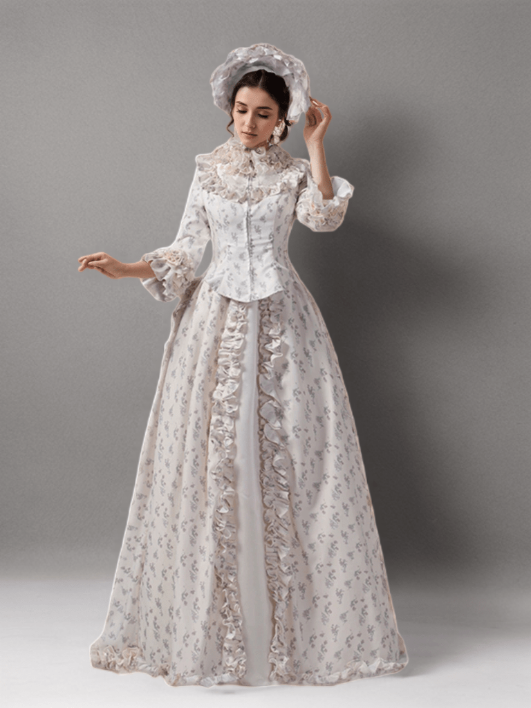 WonderlandByLilian Cream Rococo Style Dress Enchanting Floral Print Victorian Ball Gown with Vintage Grace Plus Size Size 28W Cream