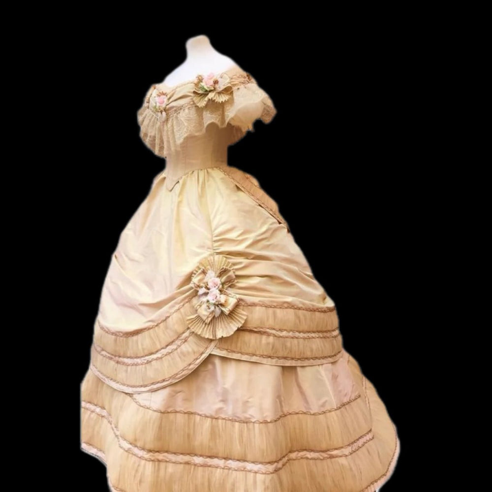 Cream Yellow Floral Rococo Ball Gown with Regal Elegance – Vintage Lace Embellished Baroque Style Dress - Victorian Dress Plus Size - WonderlandByLilian