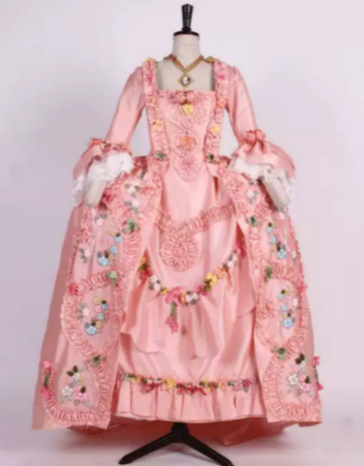 Pink Rococo Ball Gown with Floral Lace and Ruffled Detailing – Victorian-Inspired Wedding Dress with Long Sleeves and Hood Plus Size