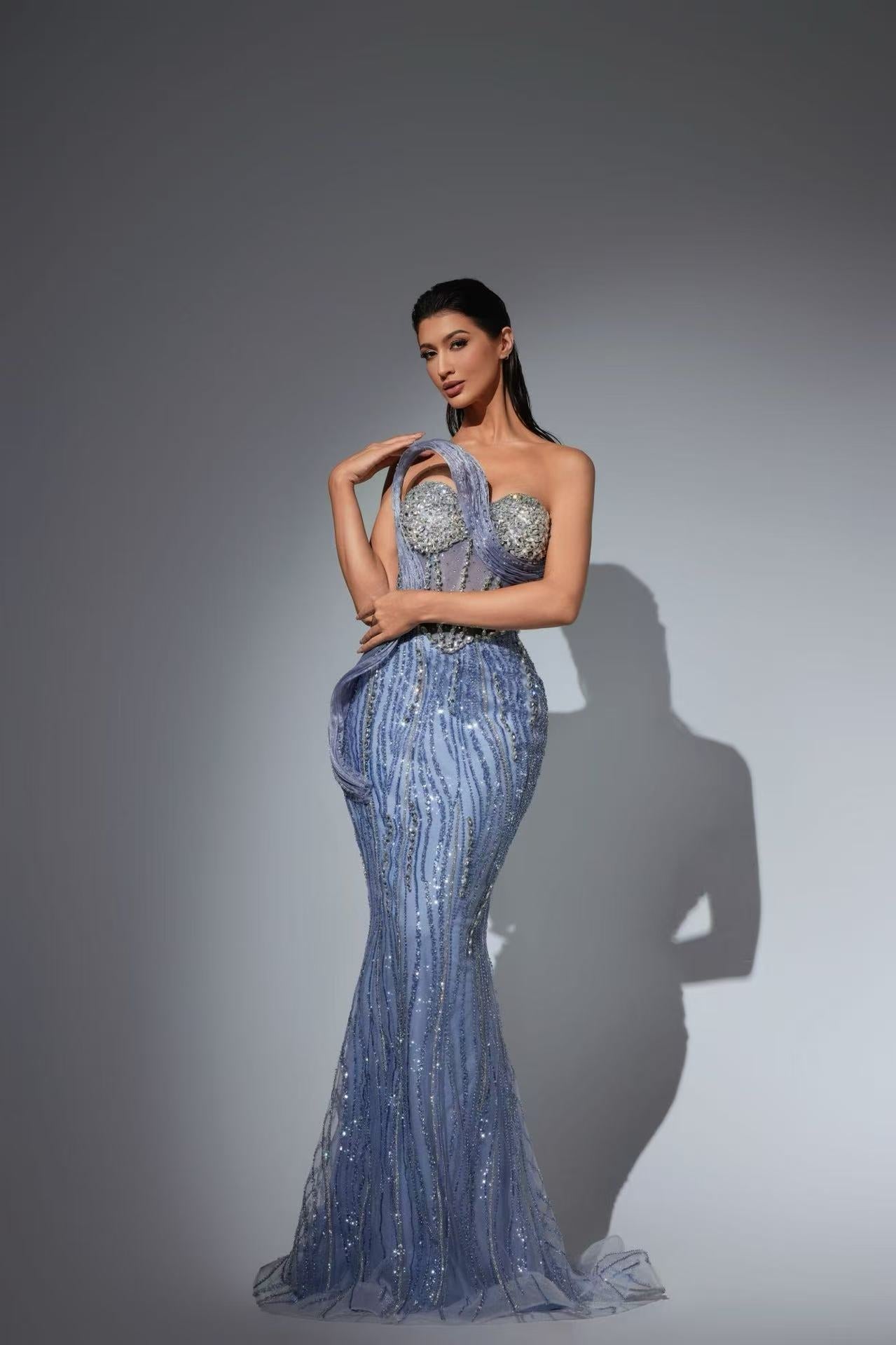 Dusty Blue Sequin Gown with Asymmetric Corset Bodice – Illusion Formal – WonderlandByLilian
