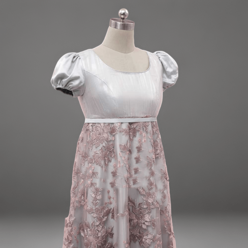 Dusty Pink Regency Era Dress with Pink Floral Lace Overlay - Pink Regency Gown with Puff Sleeves and Tulle Plus Size,rewrite description - WonderlandByLilian
