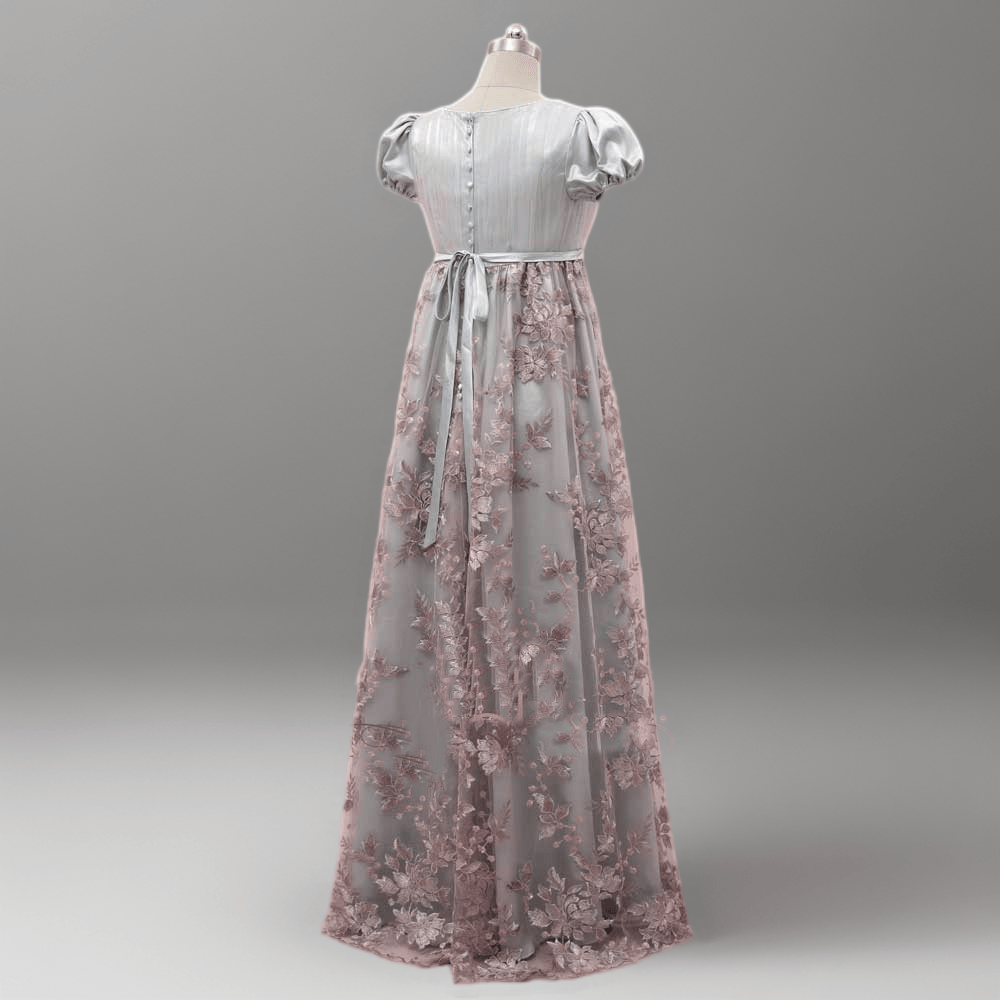 Dusty Pink Regency Era Dress with Pink Floral Lace Overlay - Pink Regency Gown with Puff Sleeves and Tulle Plus Size,rewrite description - WonderlandByLilian