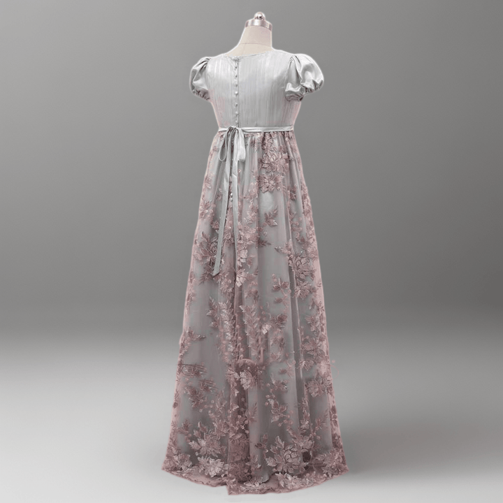 Dusty Pink Regency Era Dress with Pink Floral Lace Overlay - Pink Regency Gown with Puff Sleeves and Tulle Plus Size,rewrite description - WonderlandByLilian