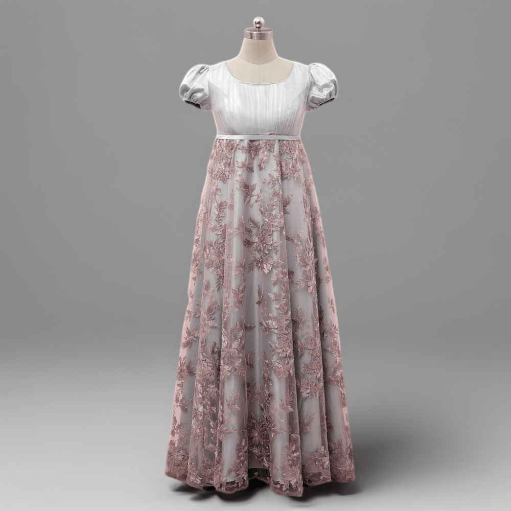 Dusty Pink Regency Era Dress with Pink Floral Lace Overlay - Pink Regency Gown with Puff Sleeves and Tulle Plus Size,rewrite description - WonderlandByLilian