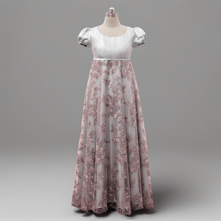 Dusty Pink Regency Era Dress with Pink Floral Lace Overlay - Pink Regency Gown with Puff Sleeves and Tulle Plus Size,rewrite description - WonderlandByLilian