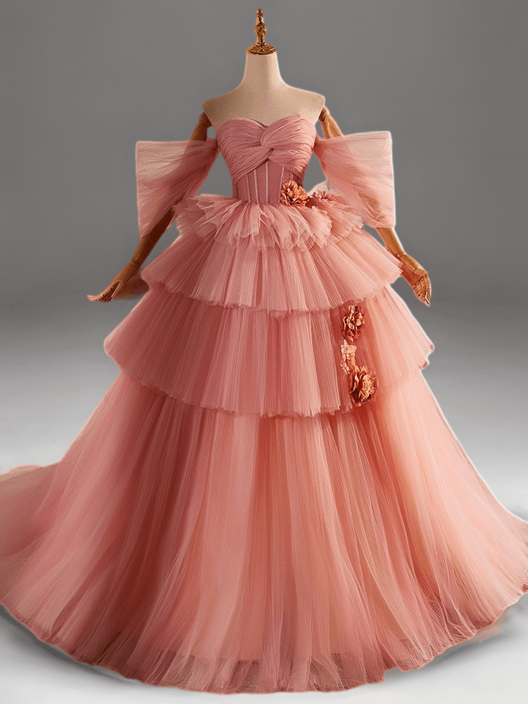 Dusty Pink Tulle Evening Dress with Delicate Floral Appliqué