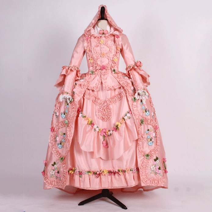 Pink Rococo Ball Gown with Floral Lace and Ruffled Detailing – Victorian-Inspired Wedding Dress with Long Sleeves and Hood Plus Size