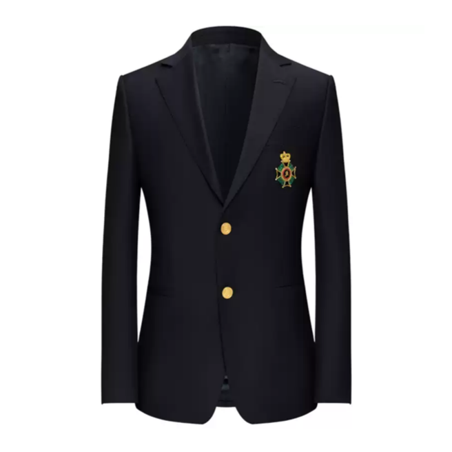 Black Wool Blazer with Gold Buttons and Embroidered Badge Design Plus Size