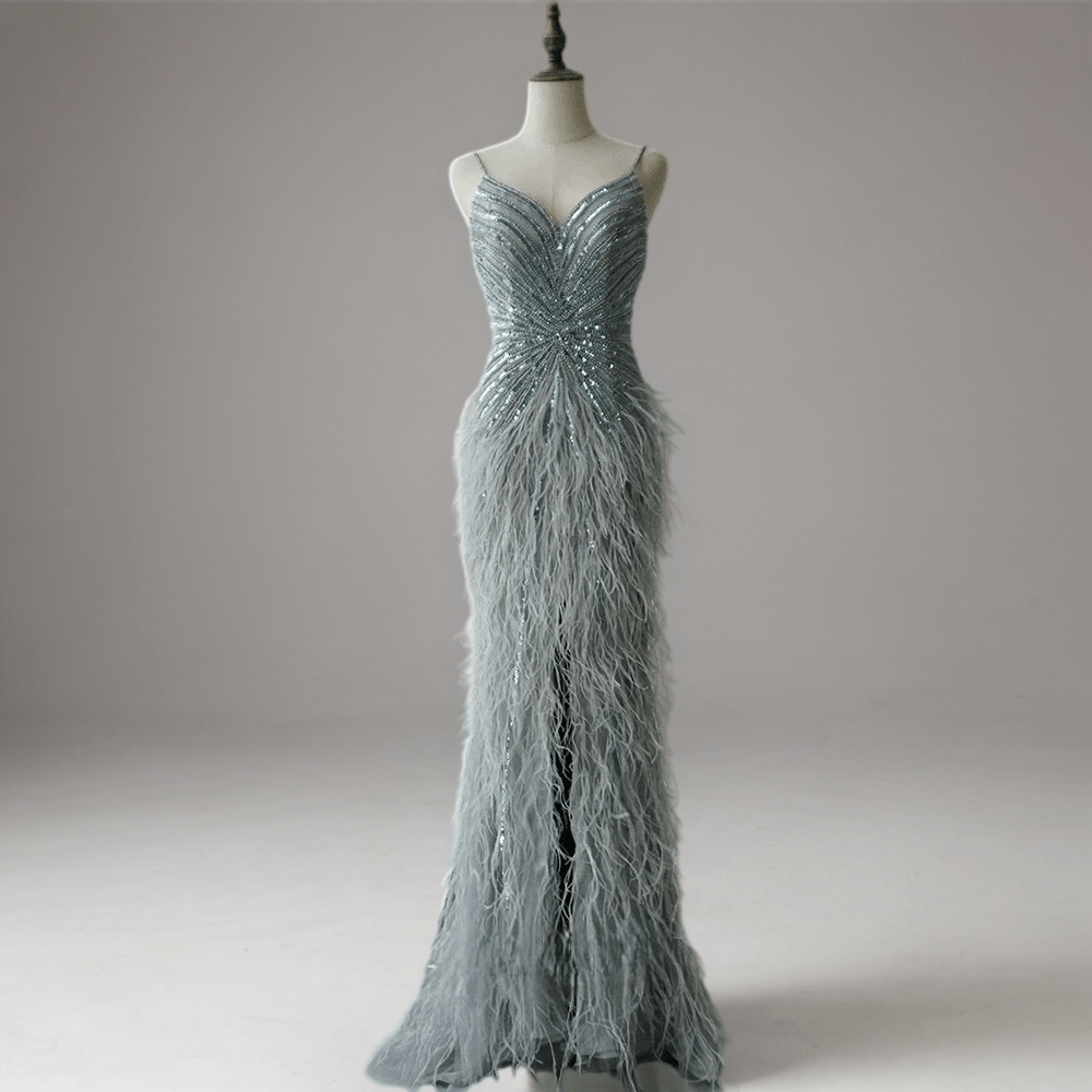 Elegant Blue Sequin and Feather Dress with Slit - Pretty Sequin Dress with Spaghetti Straps Plus Size Elegant Blue Sequin and Feather Dress with Slit - Pretty Sequin Dress with Spaghetti Straps Plus Size