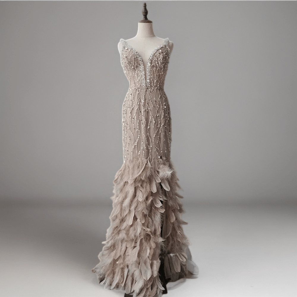 Elegant Champagne Feather and Sequin Evening Gown