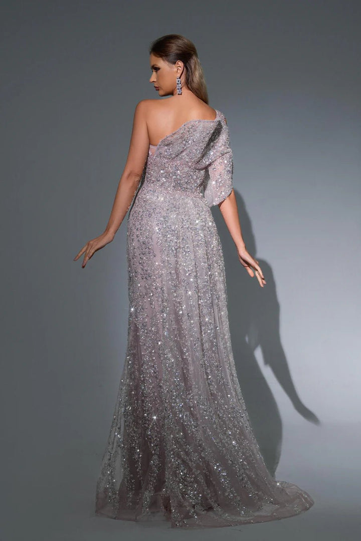 Elegant Champagne Gold Sequin Evening Gown - Glitter One-Shoulder Dress - Pretty Sequin Dress for Special Occasions Plus Size - WonderlandByLilian