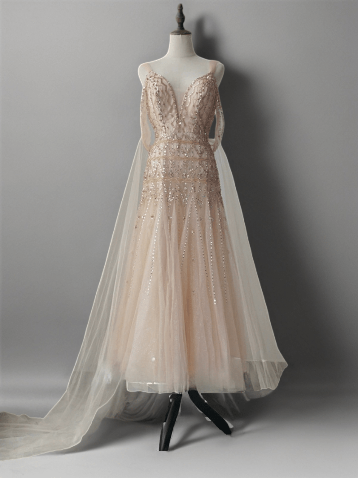 champagne beaded evening dress One-Shoulder Long Beaded Prom Dress with Pleated Fan Champagne / 14 main image 0