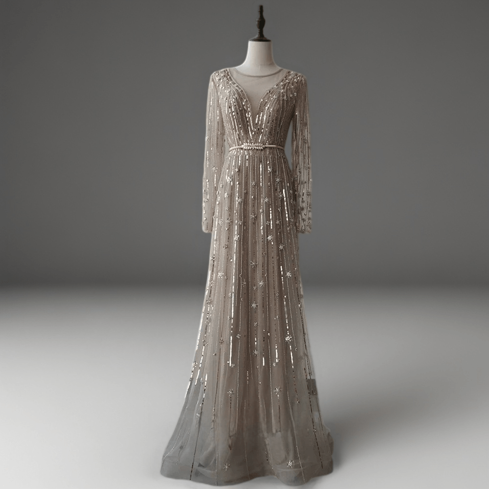 Elegant Champagne Sequin and Tulle Evening Gown
