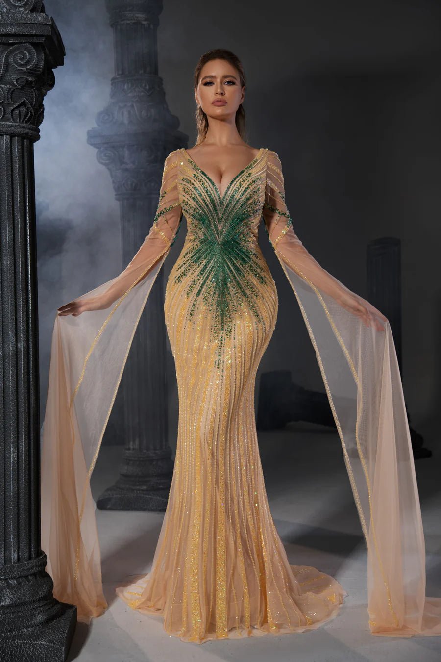Elegant Champagne Sequin Evening Gown with Flowing Cape Sleeves - Designer Sequin Gown and Glitter Dress with V-Neck Plus Size US 4 / Green Elegant Champagne Sequin Evening Gown with Flowing Cape Sleeves - Designer Sequin Gown and Glitter Dress with V-Neck Plus Size US 4 / Green