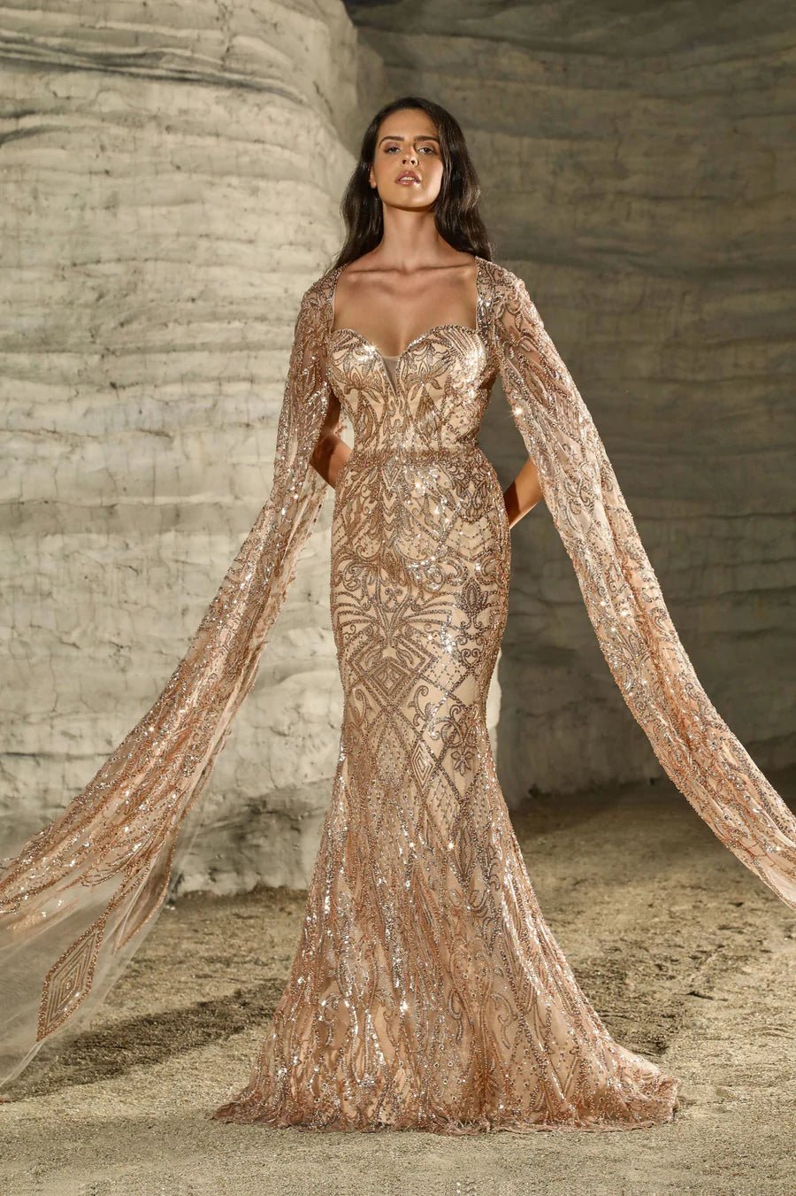 Elegant Champagne Sequin Gown with Cape Sleeves Designer Sequin