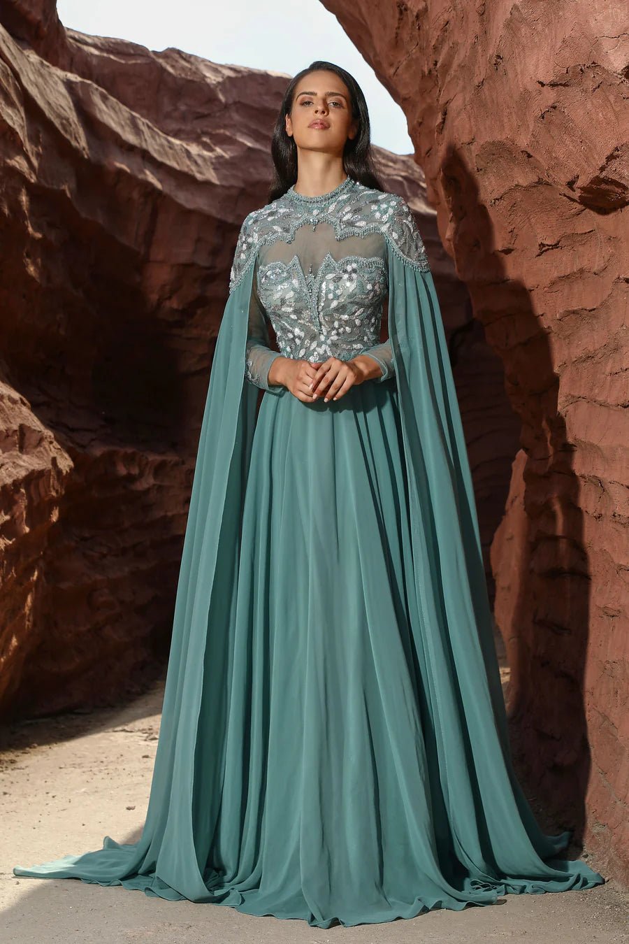 Elegant Green Chiffon Evening Gown with Cape Sleeves Embellished Dre WonderlandByLilian