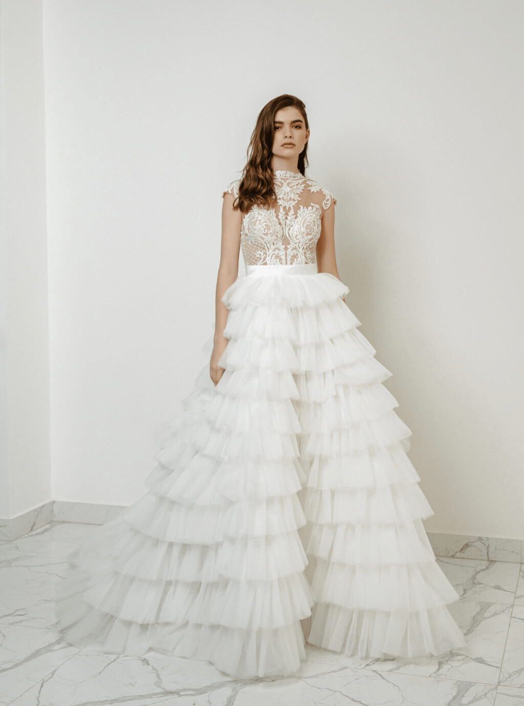 Elegant Layered Tulle Ruffle Dress - Floral Applique Wedding Dress Plus Size