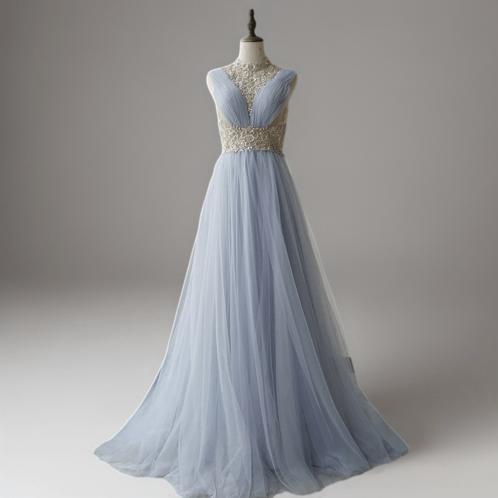 Elegant Light Blue Pretty Sequin Dress - Chiffon Dress with Embellished Bodice - High Neck Sequin Evening Gown Plus Size Size 20W / Blue Elegant Light Blue Pretty Sequin Dress - Chiffon Dress with Embellished Bodice - High Neck Sequin Evening Gown Plus Size Size 20W / Blue