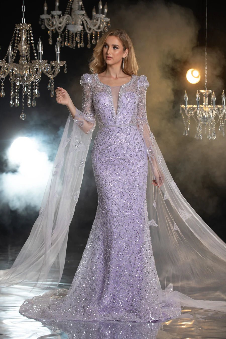 Elegant Light Purple Sequin Evening Gown with Flowing Cape Sleeves - Designer Sequin Gown and Pretty Glitter Dress Plus Size US 22 / Purple Elegant Light Purple Sequin Evening Gown with Flowing Cape Sleeves - Designer Sequin Gown and Pretty Glitter Dress Plus Size US 22 / Purple