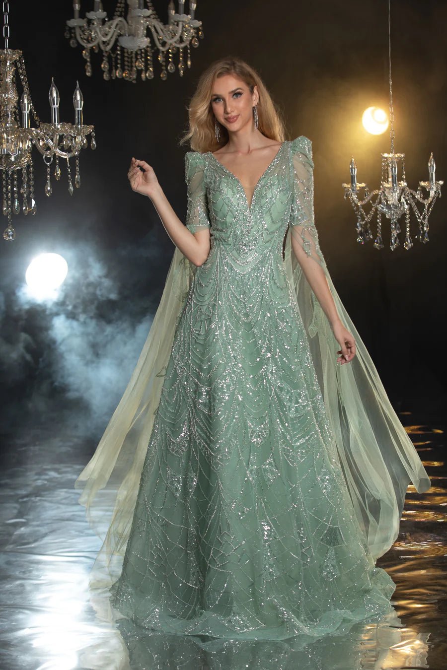 Elegant Mint Green Pretty Sequin Dress with Cape Sleeves Designer Sequin Gown and Sequin Evening Gown Plus Size