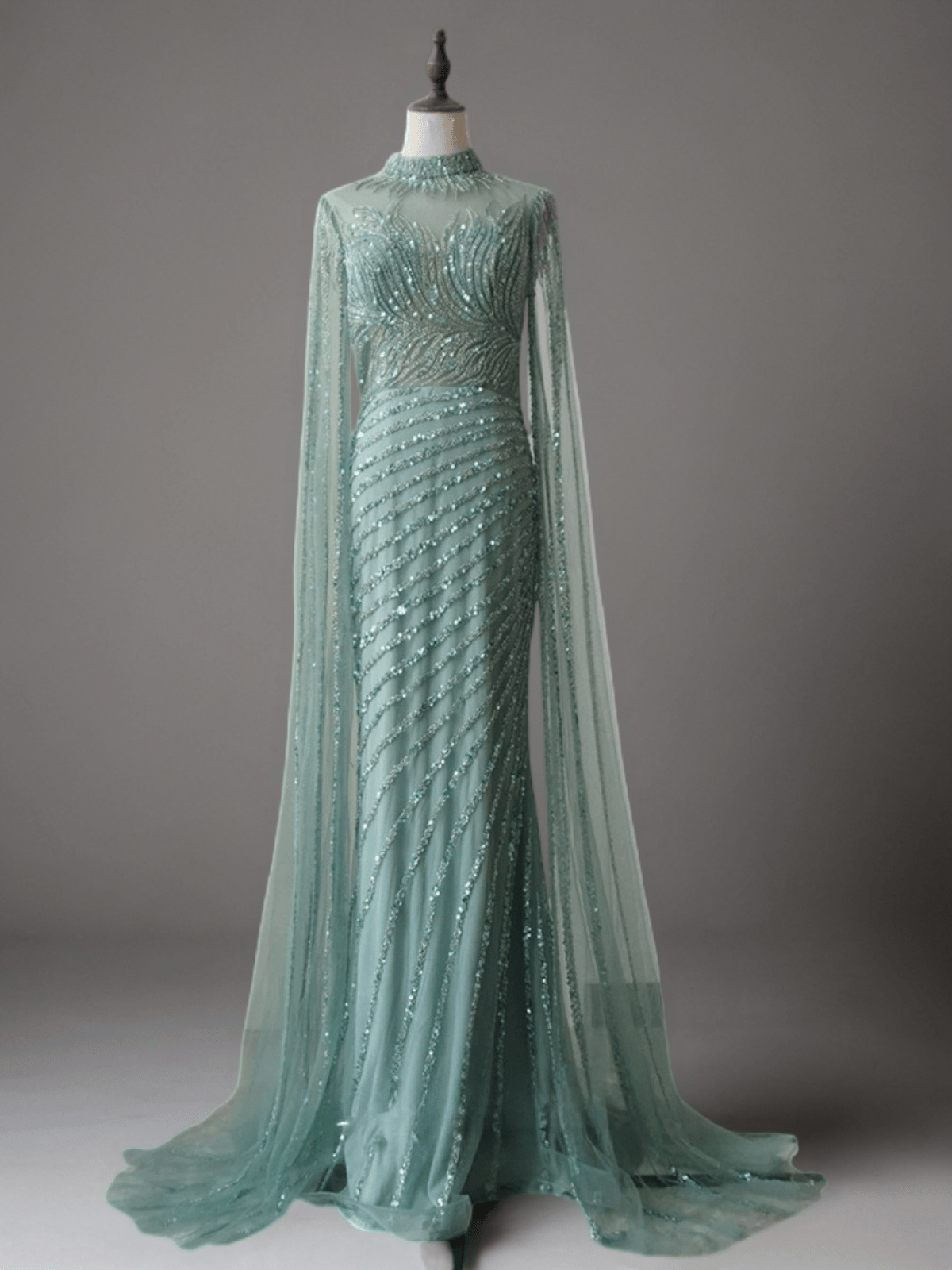 Elegant Mint Green Sequin Evening Gown and Pretty Sequin Dress - Embellished High Neck Dress with Flowing Sleeves Plus Size Size 26W / Teal Green Elegant Mint Green Sequin Evening Gown and Pretty Sequin Dress - Embellished High Neck Dress with Flowing Sleeves Plus Size Size 26W / Teal Green