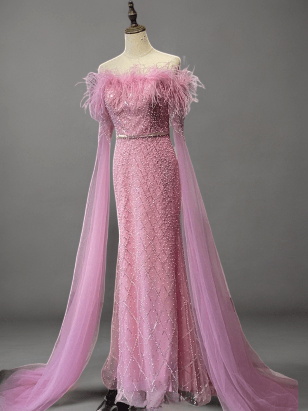 Luxury Feather Pink Evening Dress with Cape Sleeves LA72169B Pink / 10