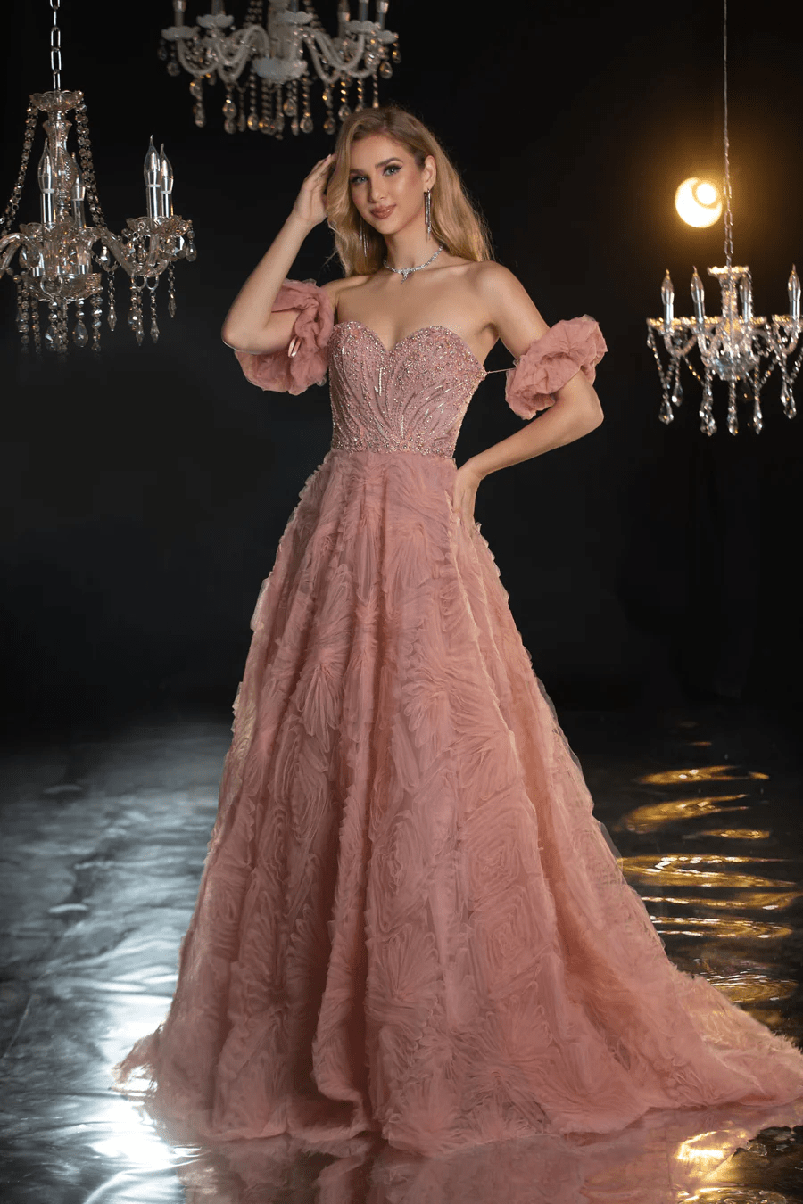 Elegant Pink Sequin Dress and Tiered Evening Gown with Off-Shoulder Ruffled Bodice