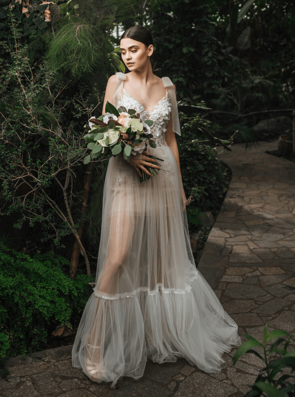 Elegant Sheer Bridal Gown - Floral Applique Dress with Bow Straps Plus Size - CONSTANCE Elegant Sheer Bridal Gown - Floral Applique Dress with Bow Straps Plus Size - CONSTANCE
