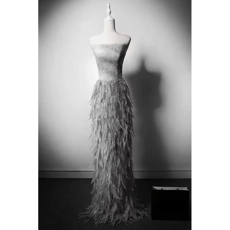 Elegant Silver Gray Sequin and Feather Dress with Corset Back - Strapless Glitter Dress