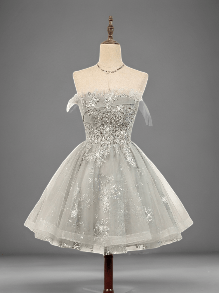 Elegant Silver Grey Short Wedding Party Dress with Floral