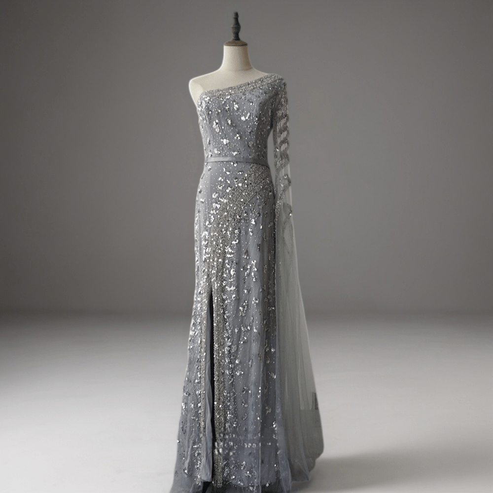 Elegant Silver One-Shoulder Sequin Evening Gown - Pretty Sequin Dress with Sheer Sleeve Plus Size Size 0 / Silver Elegant Silver One-Shoulder Sequin Evening Gown - Pretty Sequin Dress with Sheer Sleeve Plus Size Size 0 / Silver